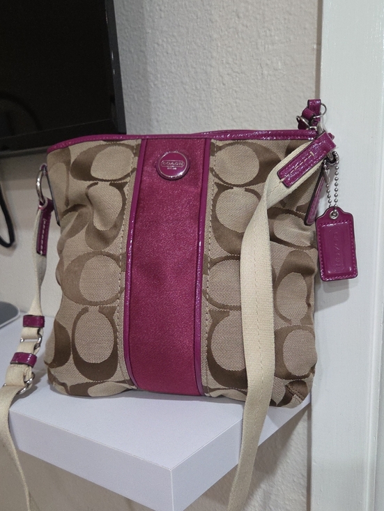Coach Handbags - Coach Beige Signature Crossbody with Pink Accents